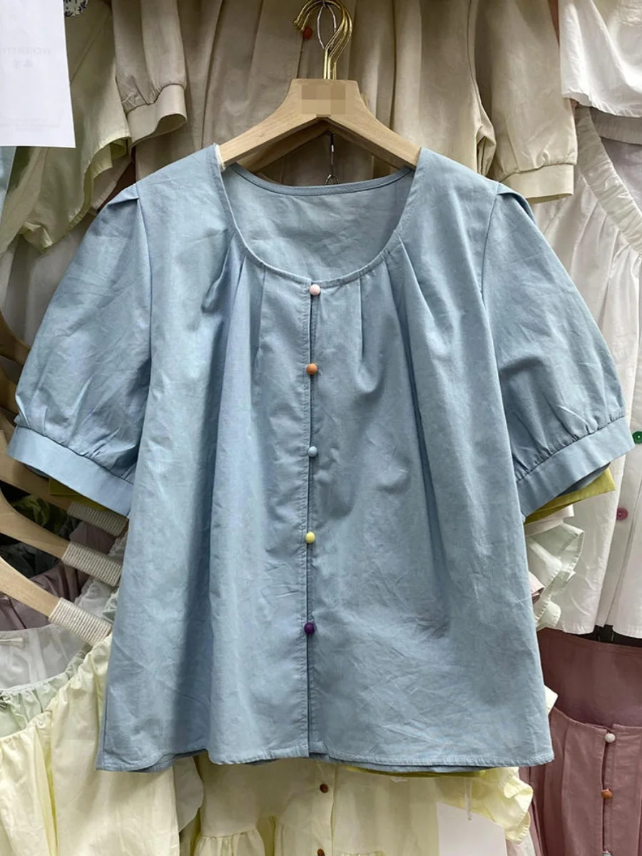 

Женская рубашка Sweet Dopaamine с короткими рукавами, свободного кроя, с круглым вырезом, в корейском стиле, летний топ с пуговицами, модная одежда для повседневной носки