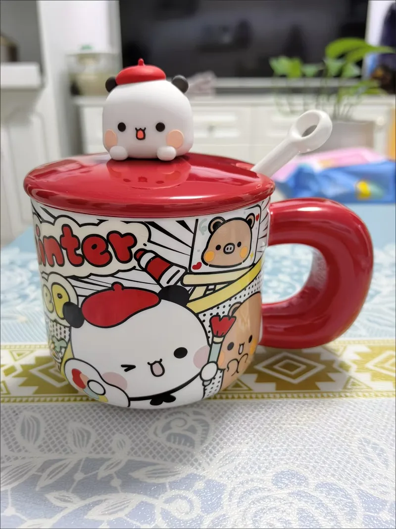 Anime Cute Panda Creative Ceramic Mug With Lid And Spoon Cartoon Print Breakfast Oatmeal Cup For Home Office Coffee Drinking - view 4