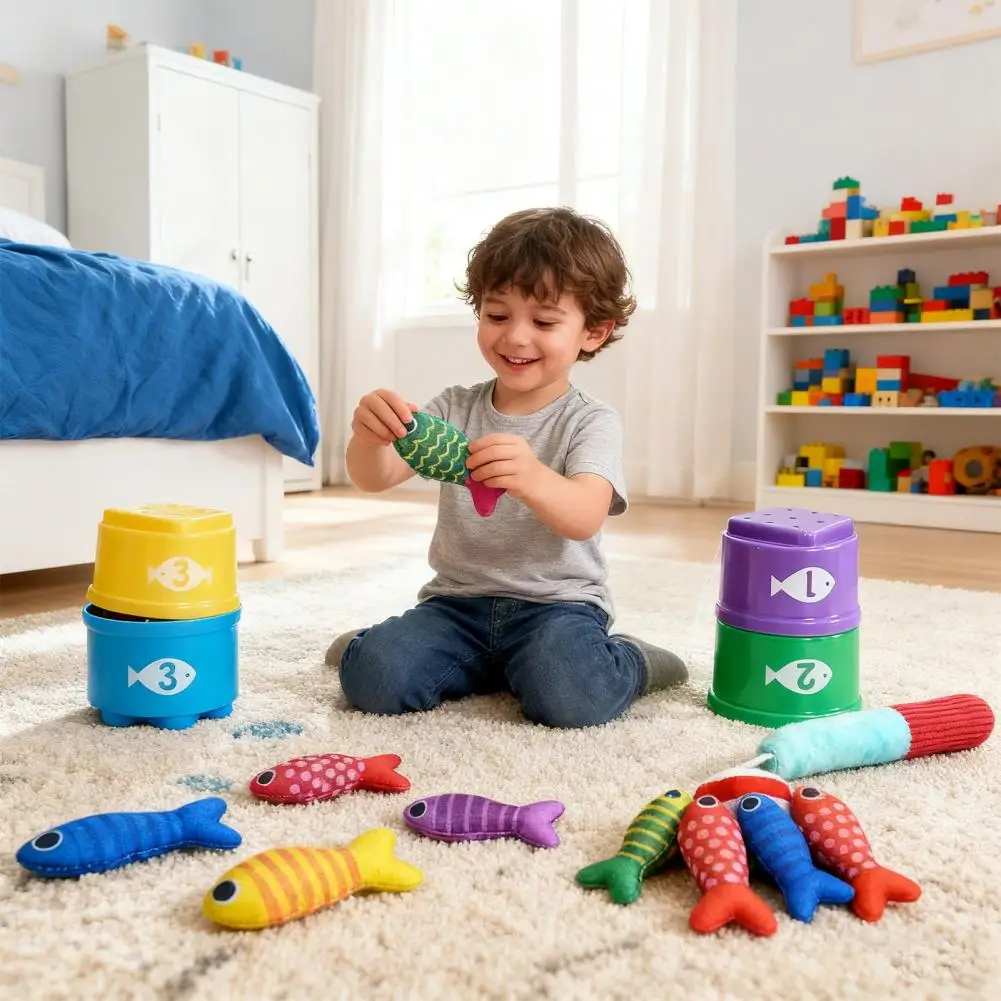 Kids Fishing Toys Plush Little Fishpond Set Simulating Fishing Games Number Color Cognition Fine Motor Training Montessori Toys