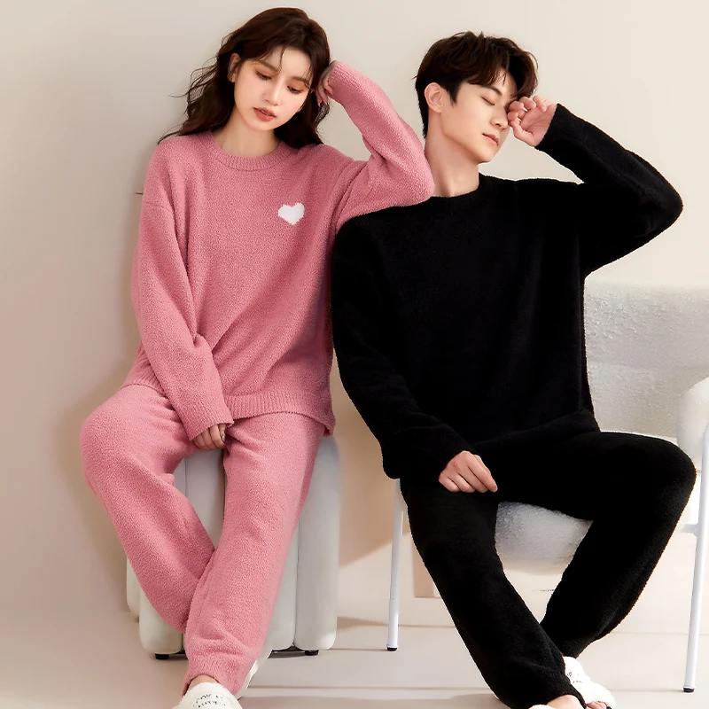 

Newest Couple Pajamas Set Flannel Sleepwear Women Men Warm Fleece Pijama Winter Lovers Solid Kimono