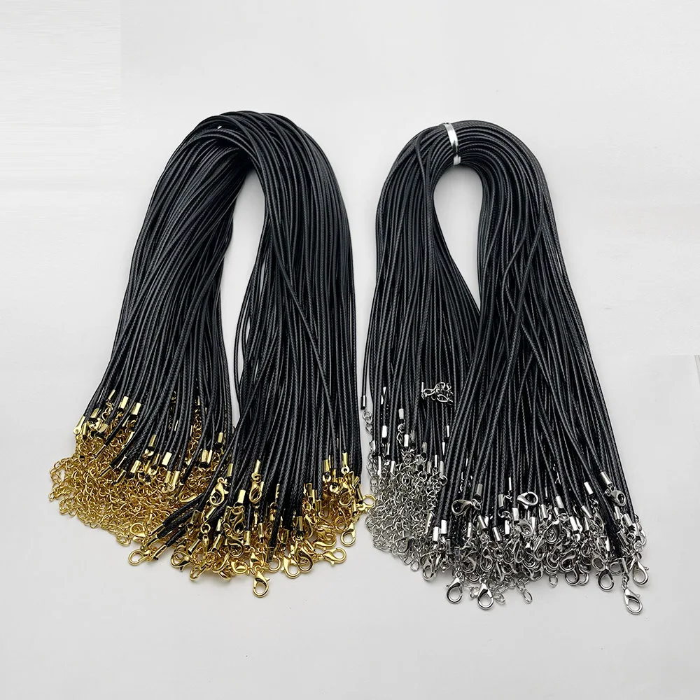 

100pcs adjustable 2.0mm gold color and black Wax Leather cord necklace rope pendant 45cm add 5cm with Lobster clasp jewelry diy