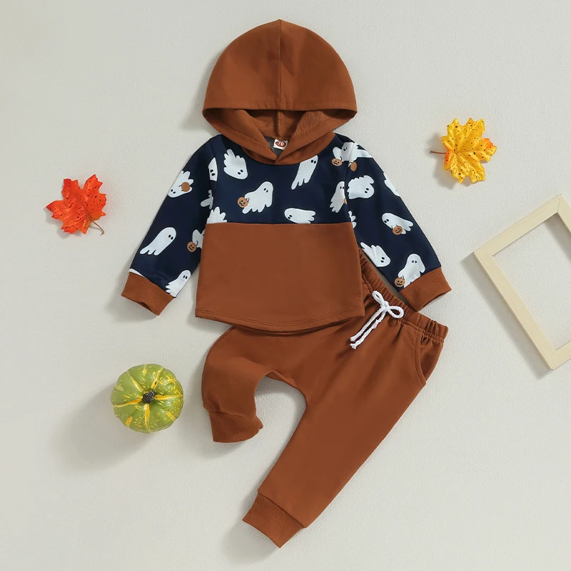 

Toddler Boy Halloween Pumpkin Print Long Sleeve Hoodie Sweatshirt and Elastic Pants Set for Fall Outfit Costume Party