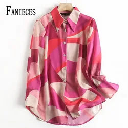 FANIECES chemises et blouses Pink Colorblock Satin Women Shirts Spring Autumn Long Sleeve Office Ladies Blouses Tops Streetwear