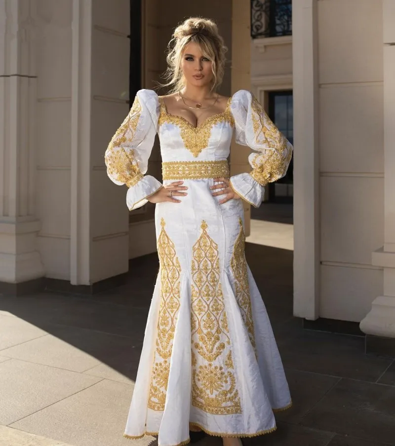 Vestido de noche Mermiad, traje de manga larga con Apliques de encaje dorado, caftán árabe, traje de baile tradicional de Albania