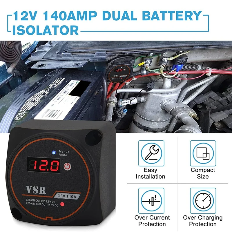 NEW-Digital Display 12V 140A Dual Battery Smart Isolator Voltage Sensitive Relay Battery Isolator For ATV, UTV, Boats, RV's