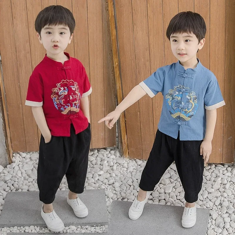 Conjuntos de ropa tradicional china para niños, traje Tang, Tops de algodón para bebés, abrigo, camisas de manga corta, pantalones Hanfu sueltos, 3 colores