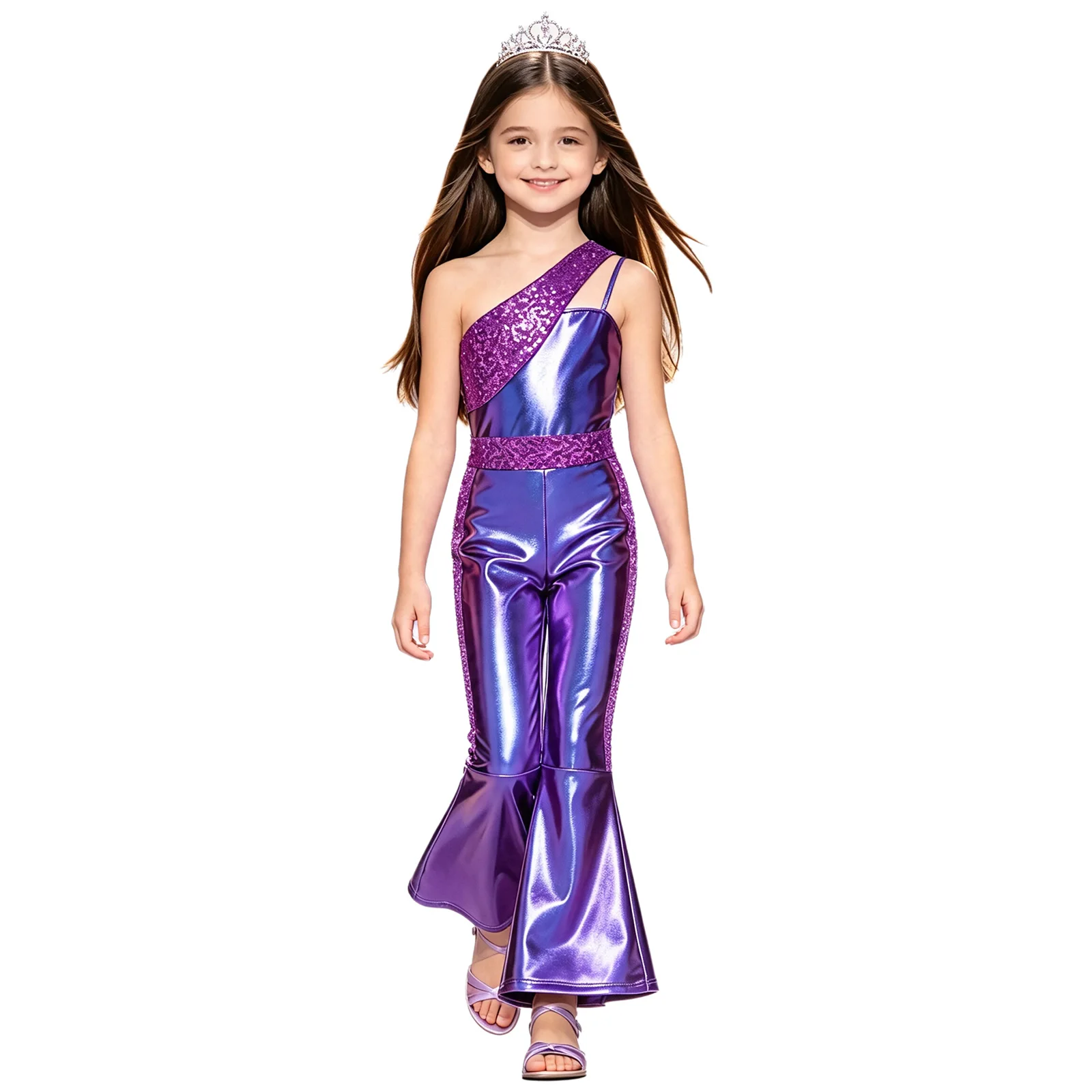 One Shoulder Jumpsuits for Girls Children Flares Jumpsuit 70s Disco Costume Kids Metallic Shiny Sequins birthday Party Rompers
