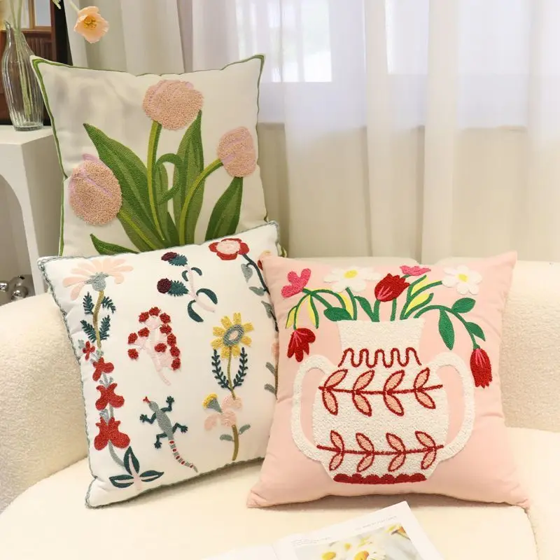 Simple Square Cotton Pillow, Bedroom Living Room Sofa Cushion, Embroidered Rose Pillow, Headboard Back Rest