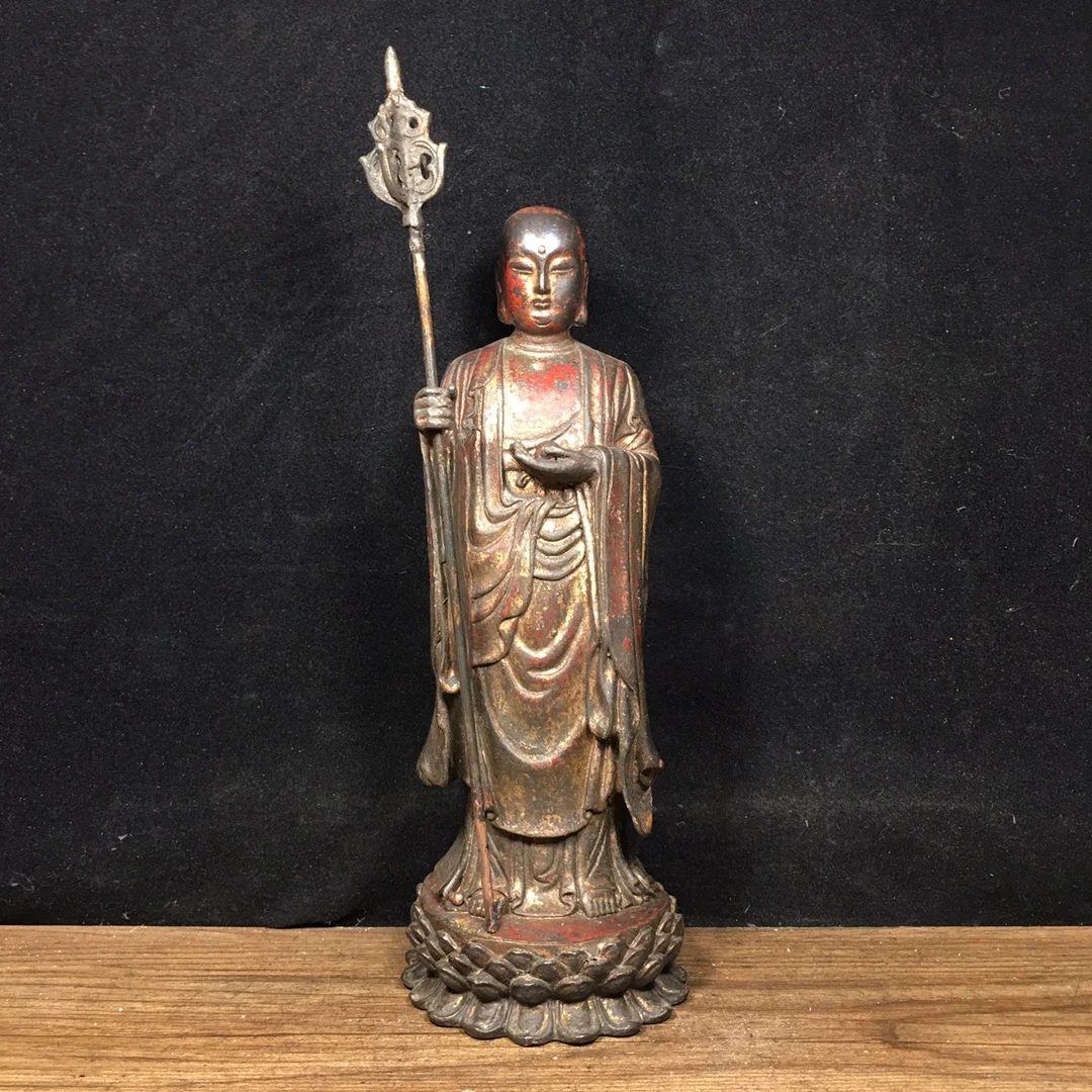 

9"Tibetan Temple Collection Old Bronze Cinnabar Mud gold Ksitigarbha Bodhisattva Sitting Buddha Lotus Platform Worship Hall