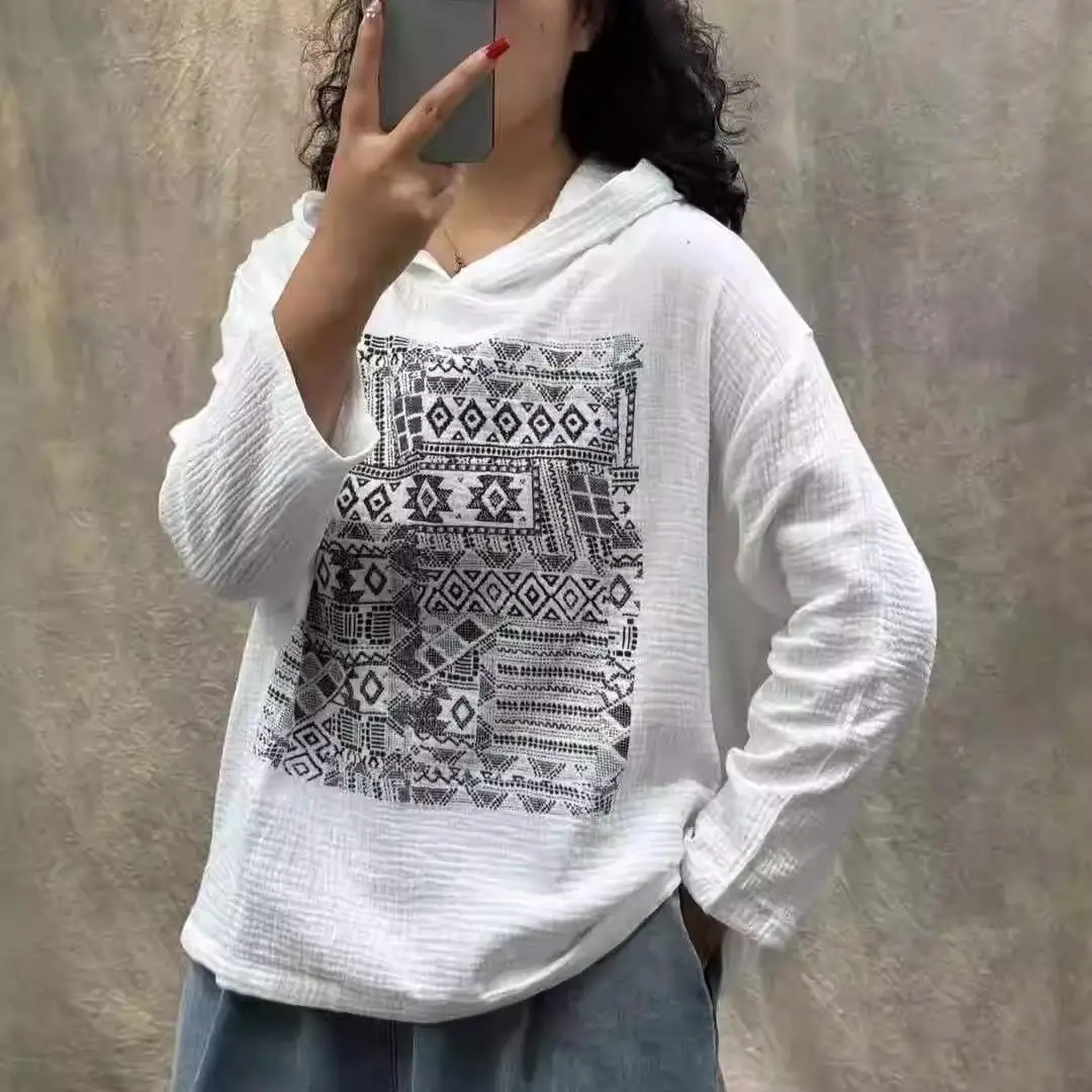 Dimanaf 2024 Women Print Hat T-shirt Linen Long Sleeve Autumn T-shirt  Pattern Tops Tees Shirt Loose Casual White Black