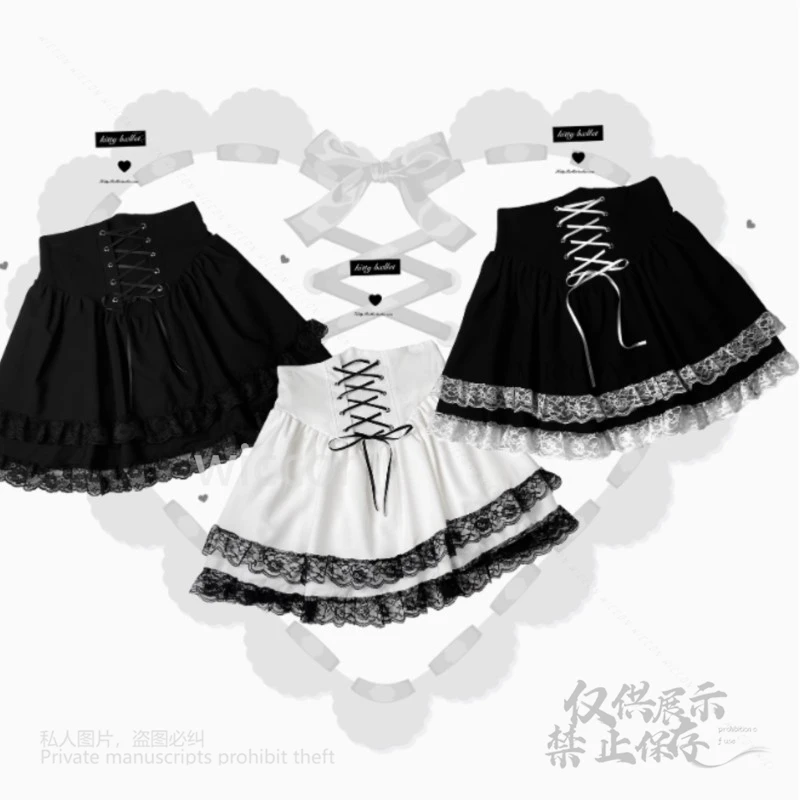 Japanese Style Y2K Jirai Kei Gothic Lolita Skirts A-Line Mini Skirts Dress Lace Ruffles High Waist Bandage Kawaii Halloween