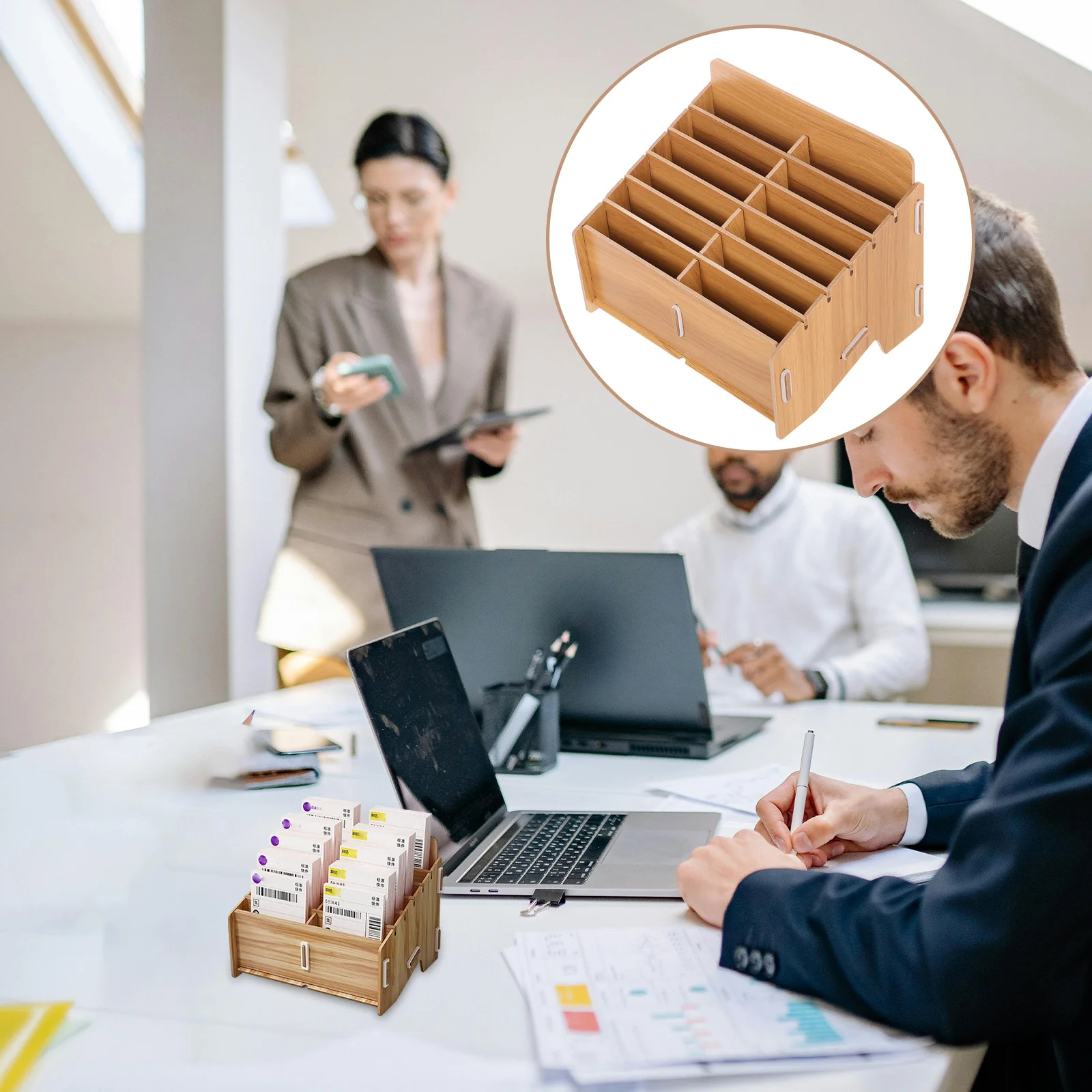 

Multi-Compartment Desktop Organizer Delivery Notes Storage Box Wood Case For Home Office Small Sundries Container Counter