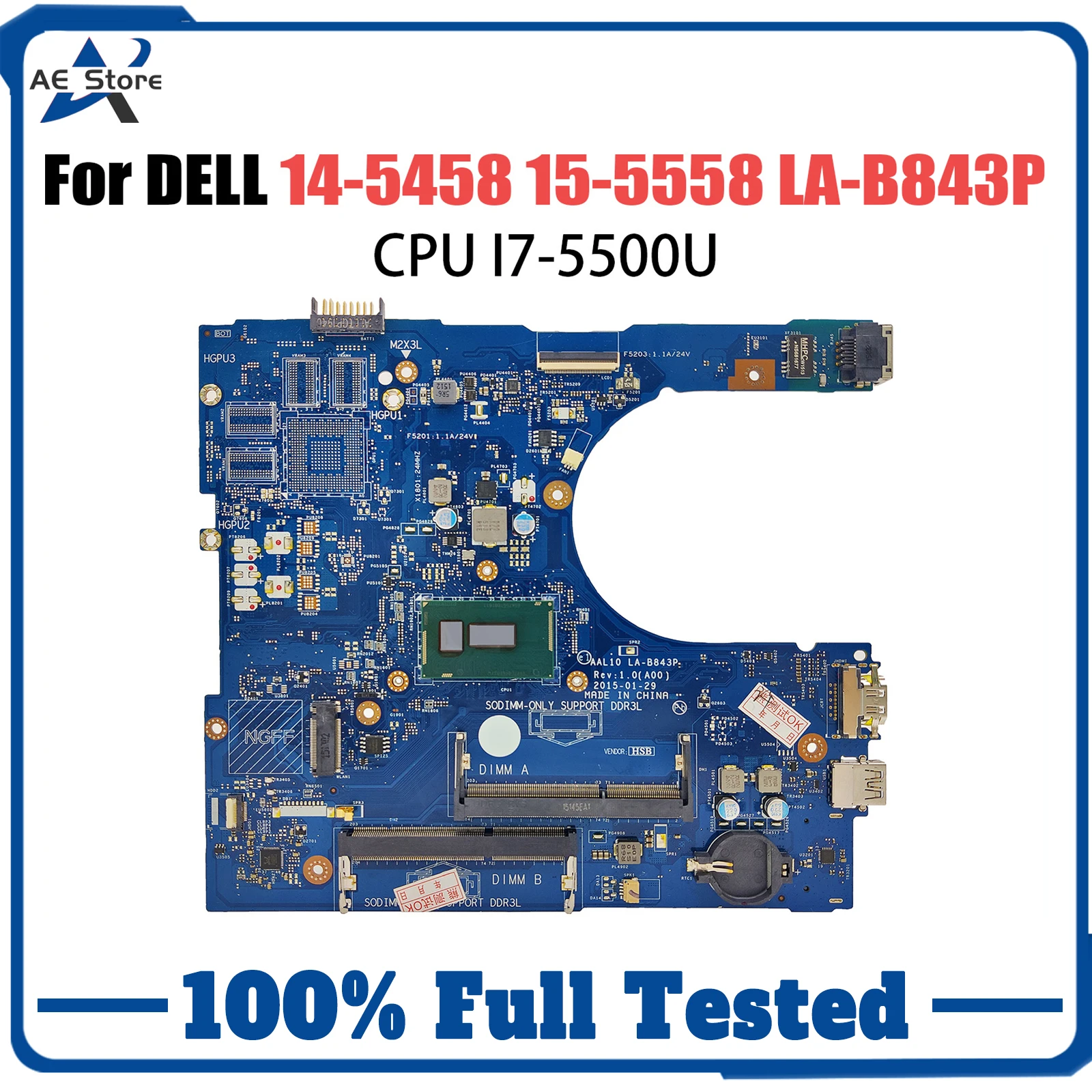 PARA Dell Inspiron 14 5458 15 5558 Laptops Placa-mãe AAL10 LA-B843P Com I7-5500U CPU CN-0XCFXD