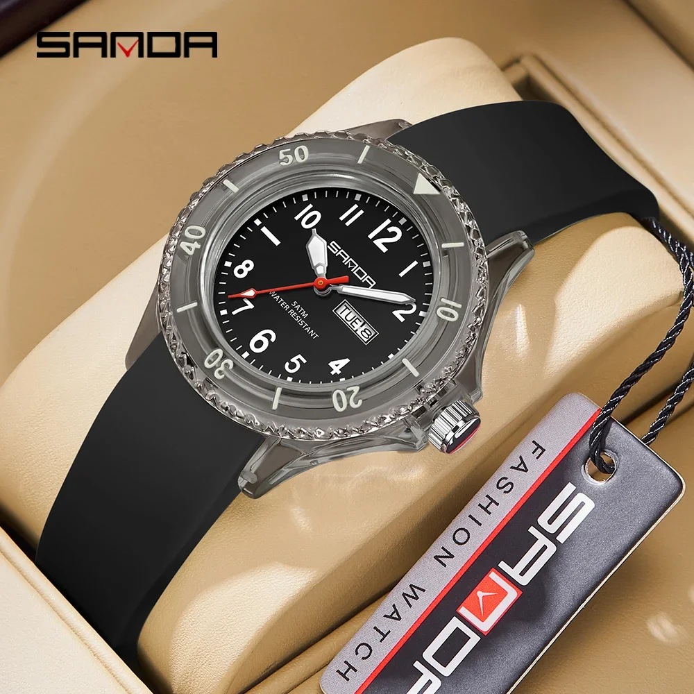 2024 Sanda Brand Electronic Quartz Watch Outdoor Waterproof Simple Calendar Transparent Case Popular Quartz Watch for Children