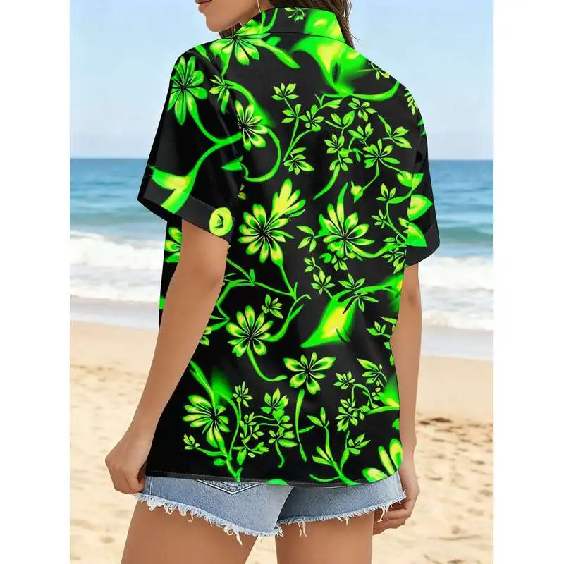 Women's Casual Short Sleeve Shirt Dark Base Fluorescent Green Floral Pattern Button Up Top Machine Washable