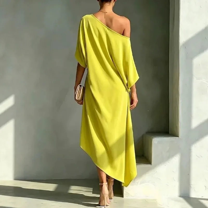 Greenora Luxury Women One Cold Shoulder Midi Dresses Loose Solid Draped Knot Waist Irregular Hem Dress Elegant Guest Holiday For