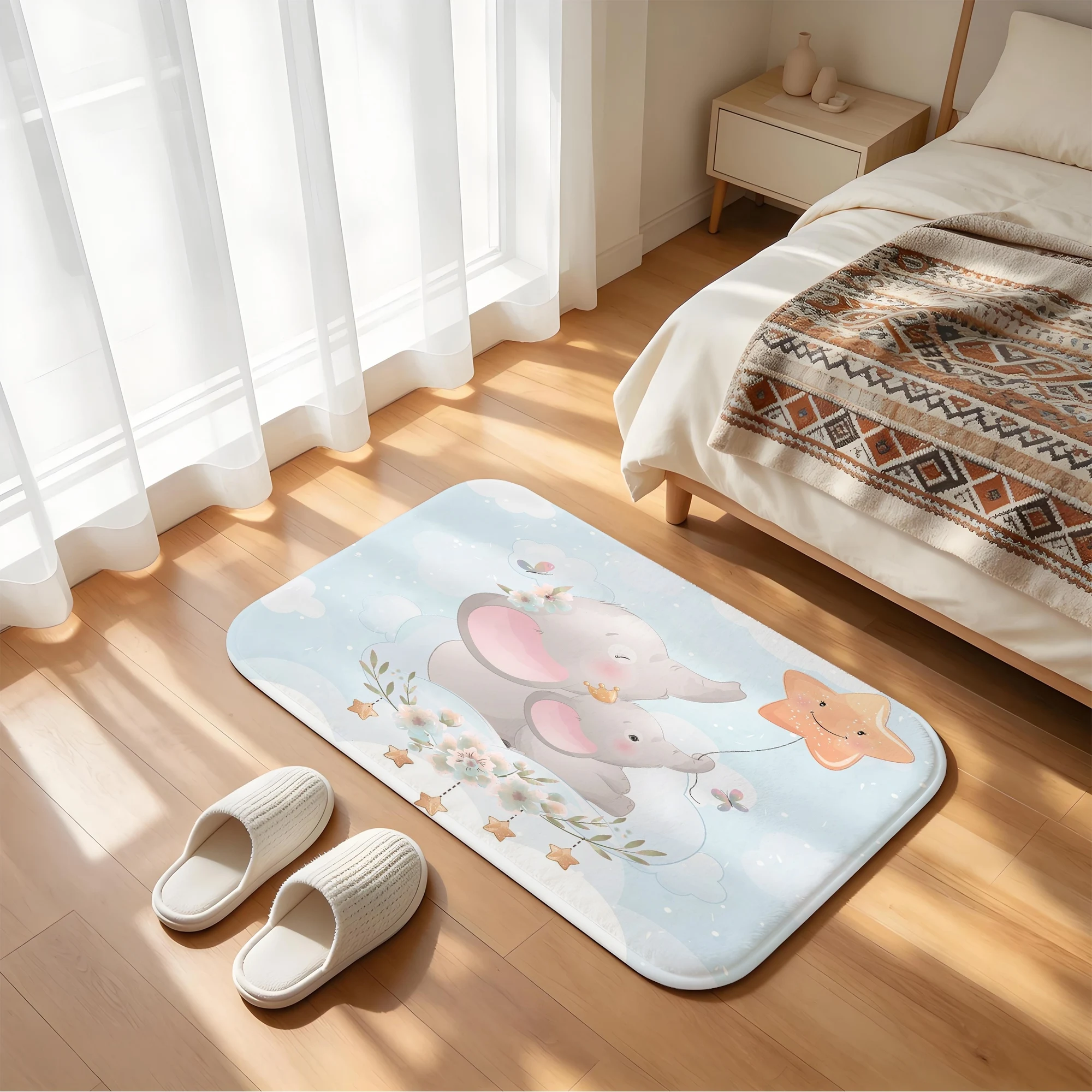 Cute Elephant Star Door Mat Blue Cartoon Non-Slip Water Absorbent Bathroom Rug Floor Carpet for Bedroom Decor