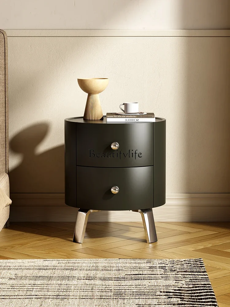 

Black Bedside Table Household Bedroom Small Simple Modern Solid Wood Exquisite Antique round Bedside CabinetLX