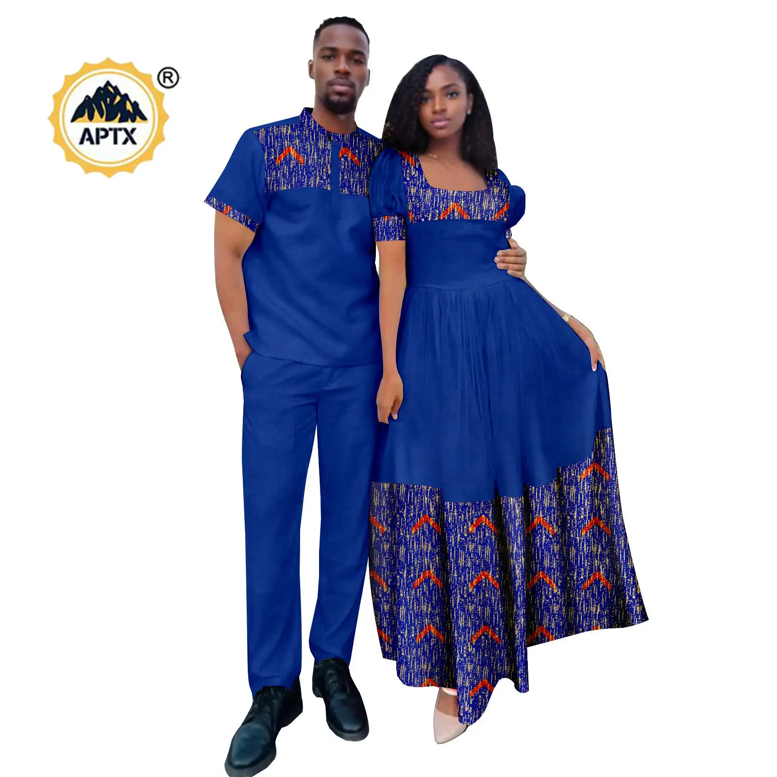 African Print Lantern Sleeve Long Dresses for Women Matching Couple Outfits Dashiki Men Patchwork Top and Pant Sets 24C092