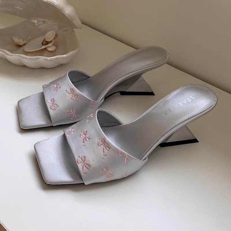 Bow Tie Slope Heel Sandals With Satin Surface Summer Square Toe Embroidered Open Toe Sheepskin High Heels For Women