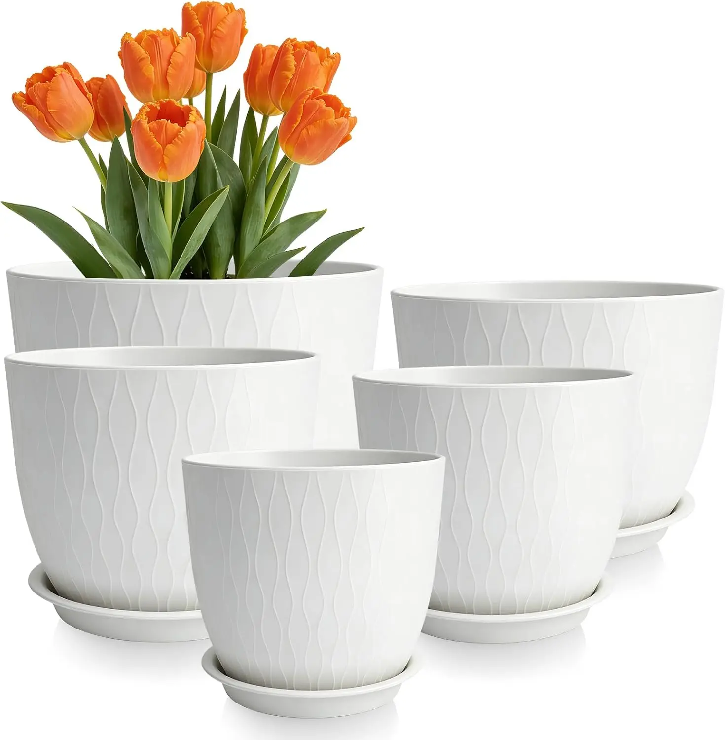 

Plant Pots 10/9/8/7.5/7 Inch Plant Pots, Set of 5 Plastic Planters with Drainage Holes and Saucers,Plastic Flower Pots,N