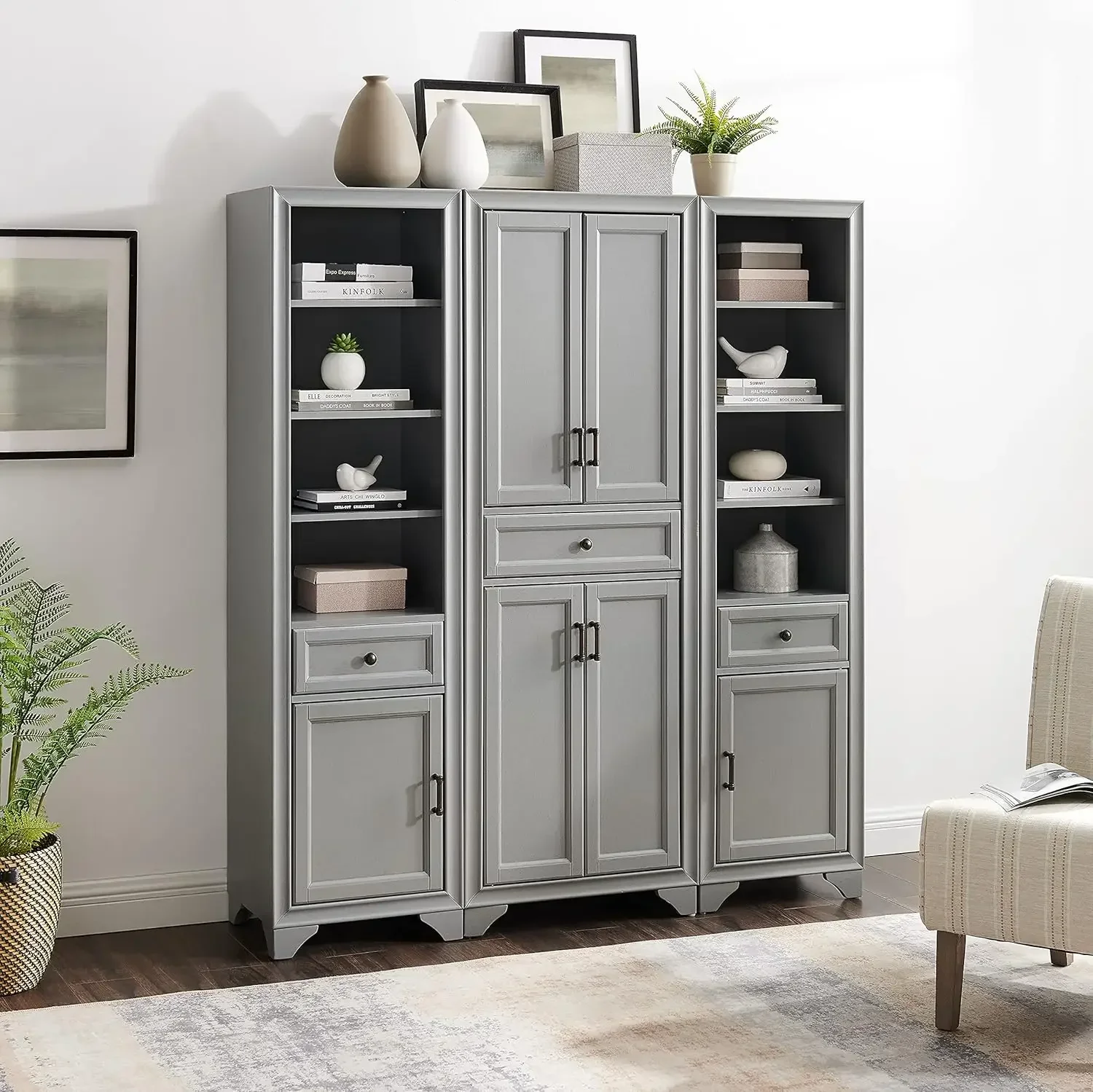 KF33006GY Tara 3-Piece Pantry Set with Pantry and 2 Linen Cabinets, Distressed Gray