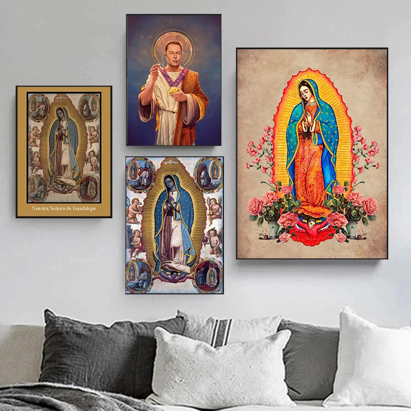 Pintura e impresiones de la Virgen de guadalupe, póster de lienzo, sala de estar de pared para imágenes artísticas, Vintage moderno, casi siete religión
