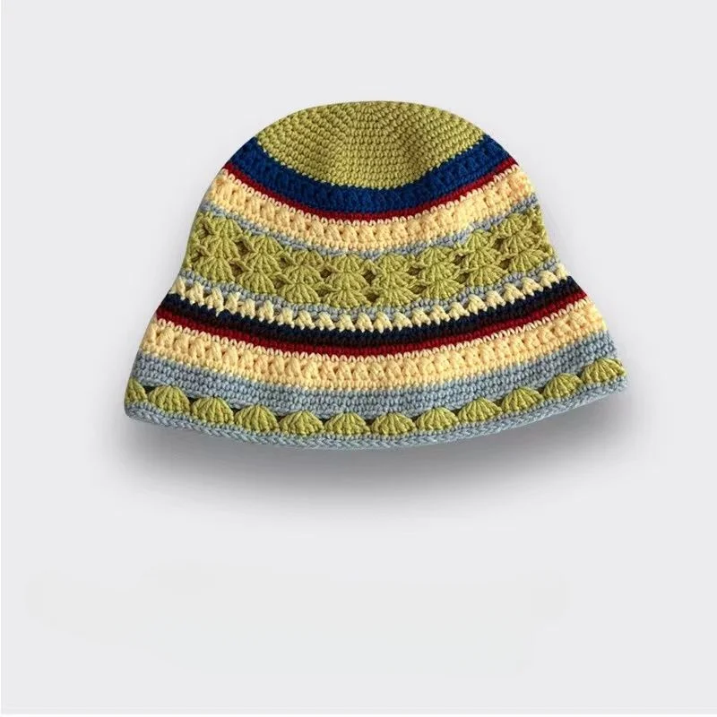 Ins Japanese Stripes Crochet Hollowed Out Knitted Cotton Hats for Women Spring Autumn Trend Basin Designer Bucket Fisherman Hat