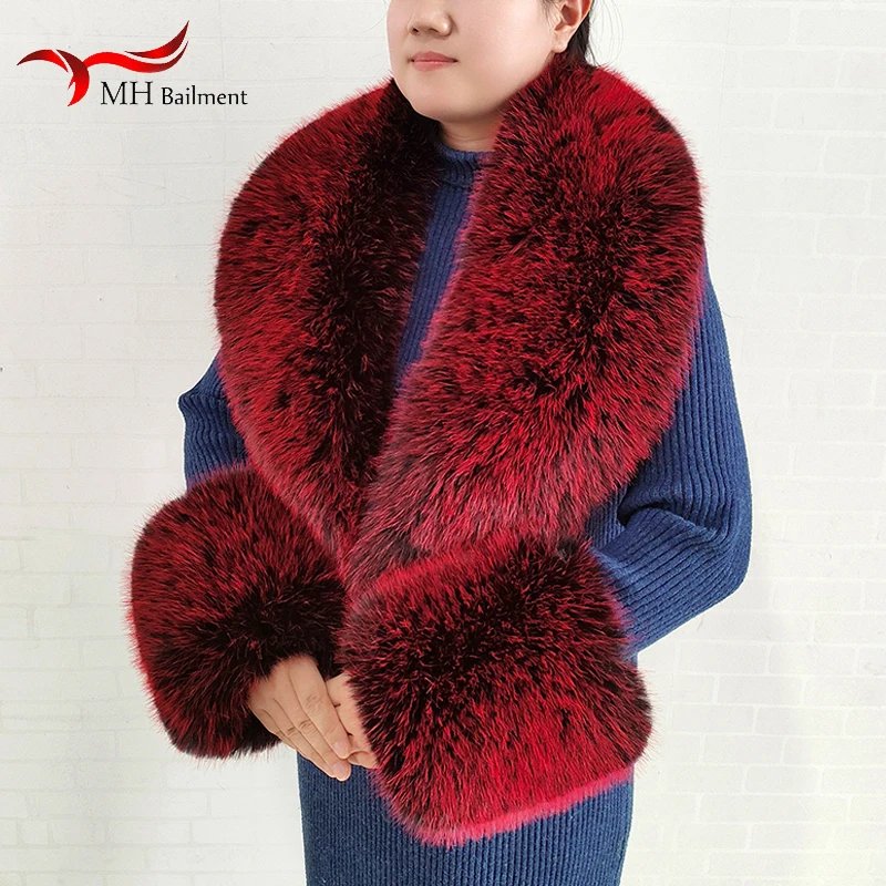 

Large Size Scarf Cuff Set Women Winter Faux Fox Fur Collar Fashion Neck Warm Fluffy Scarves Female Natural High Quality Shawl
