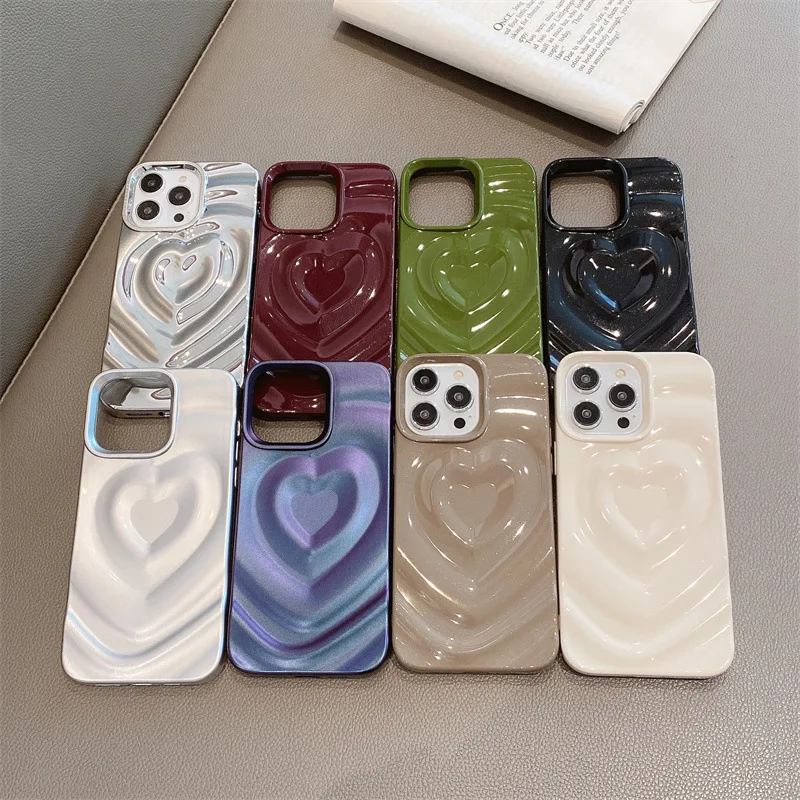 Korean Candy Color Plating Wave Love Heart Glitter Phone Case For iPhone 17 16e 15 14 13 12 Pro Max Shockproof Protective Cover