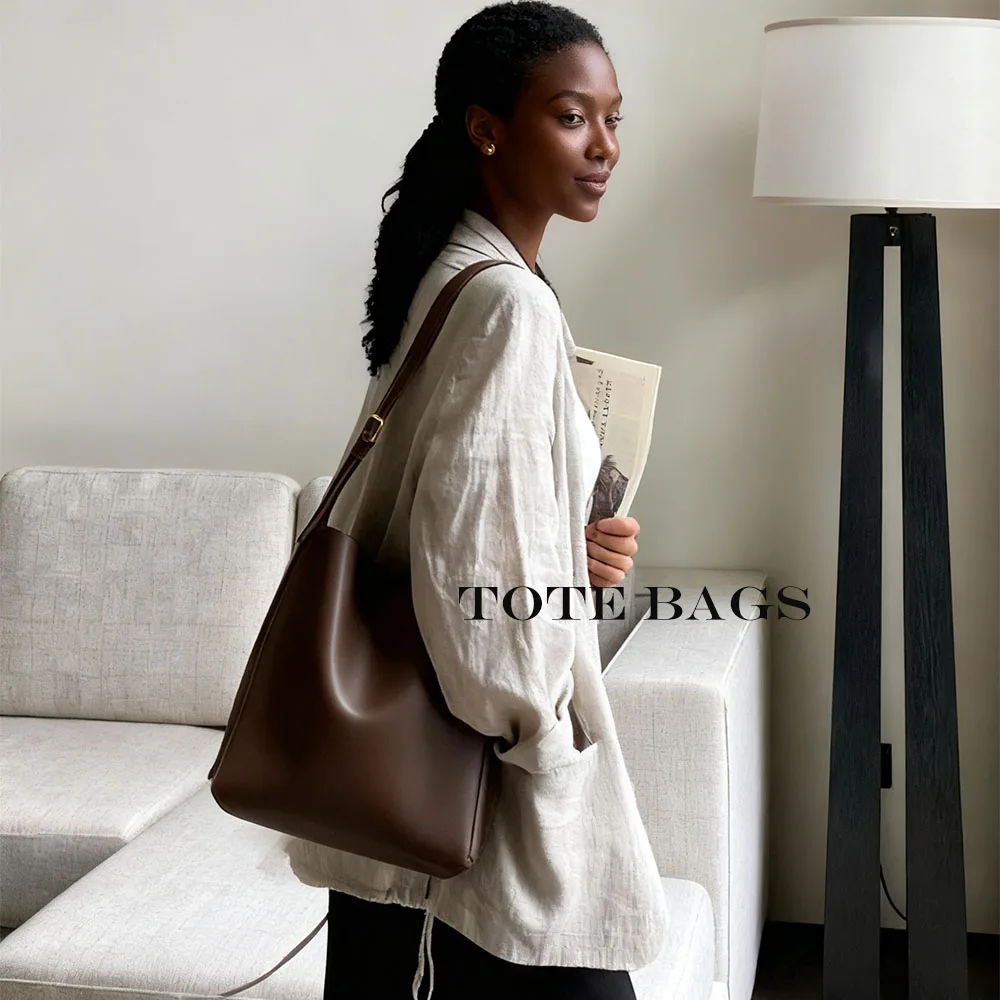 

Leather Tote Bag New Retro Shoulder Bag Fashionable Large Capacity Diagonal Cross Bags Simple Commuting Bucket Bag For Women