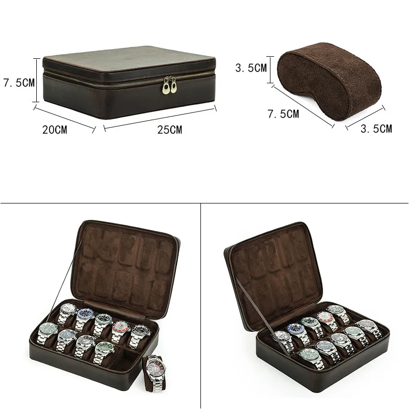 Vintage Genuine Leather Luxury 10/12 Slots Watch Case Organizer Men Jewelry Storage Box Zipper Travel Box Portable Men Watch Box