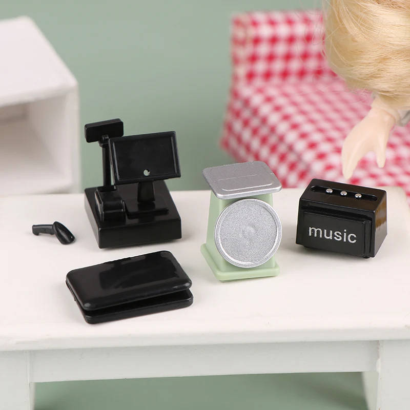 Decoração de loja de supermercado em escala 1/12, casa de bonecas em miniatura, balança de comida, scanner de código de barras, caixa, laptop, modelo, acessórios para casa de boneca