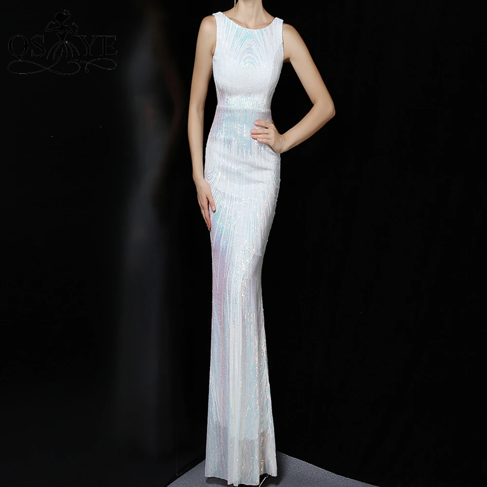 Vestido de novia blanco brillante con lentejuelas, cuello en V, sirena, colorido, con tiras de abalorios, Espalda descubierta, brillante