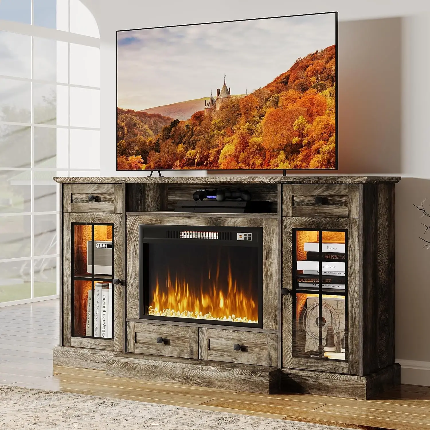 

oneinmil 58” Fireplace TV Stand, Entertainment Center with 23" Electric Fireplace for TVs up to 65 Inch, Glass Doors, Media Cons