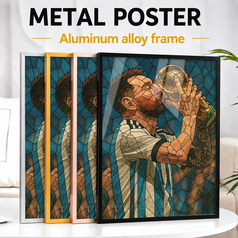 Lionel Messi Trophy Metal Poster With Aluminum Alloy Frame Customized Mosaic Style Wall Art For Home Office, Soccer Fan Gift