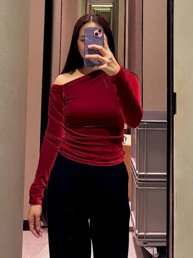 

ZBZA Women Off-shoulder Asymmetric Pullover Pleated Slim Fit Long Sleeve Solid Velvet Casual Elegant Sweater Spring New Chic Top