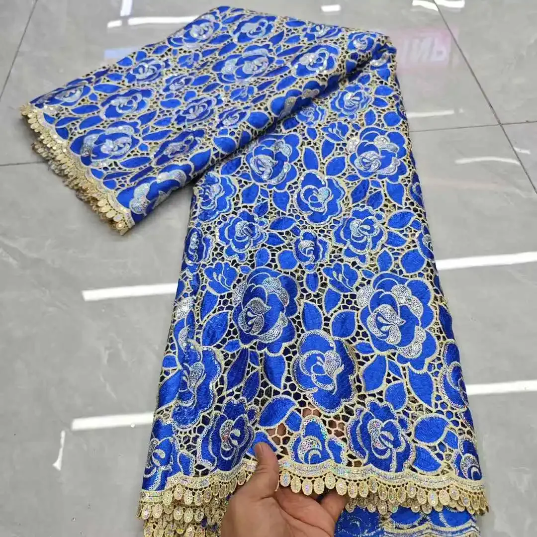 Luxury Double Color Cotton African Bridal Embroidery Guipure Cord Lace Fabrics Guipure with Sequins Evening Party Dresses SZ136