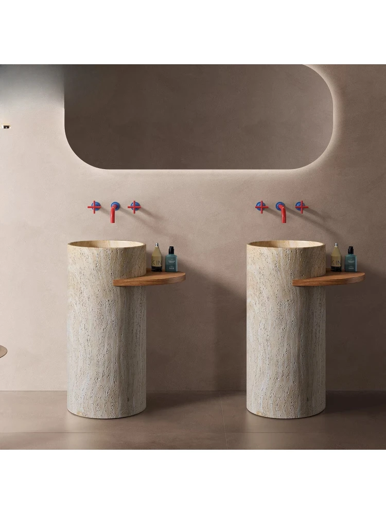 

Medieval natural travertine granular column basin integrated floor wash basin
