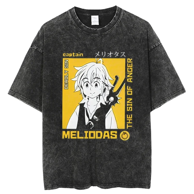 

T Shirt Men Vintage Washed 100% Cotton T Shirts for Men Hip Hop Streetwear Harajuku Male Tshirt2025 The Evevn Deadly Sins Anime