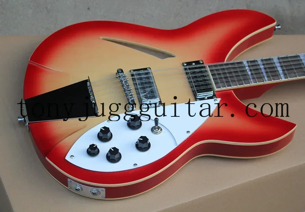 In Stock Fire Glo Cherry Sunburst 330 360 12 Strings Guitar Semi Hollow Body, Gloss Varnish Fretboard, Two Output Jacks, 5 Knobs