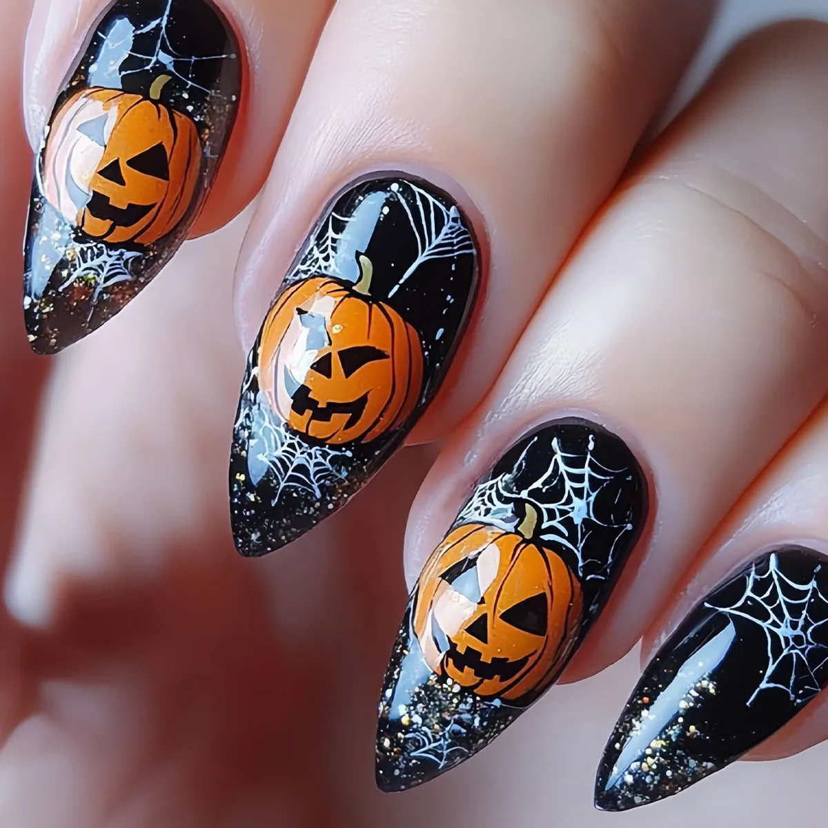 24 stks/set Middellange nepnagels voor Halloween party zwarte kat maan pompoen dode boom amandel vierkante tips druk op valse nail art
