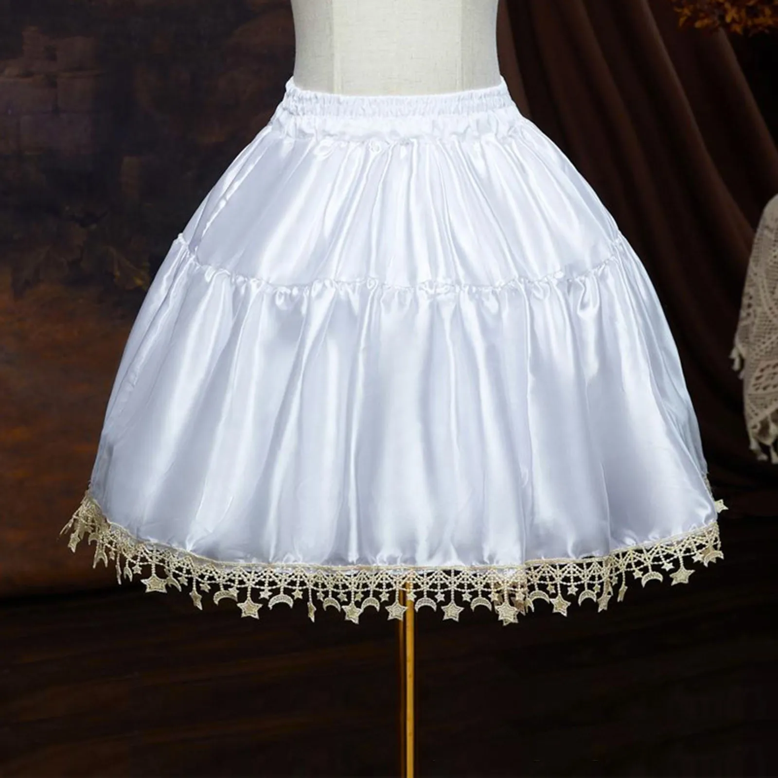 

Women Lolita Satin Crinoline Tutu Underskirt With Star Moon Swing Hem Wedding Flower Girls Petticoat White All Match Puffy Skit