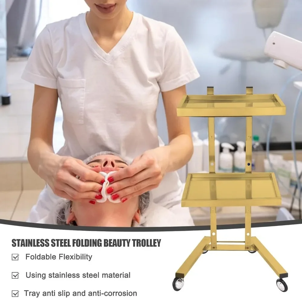 Stainless Steel Salon Cart, 2-layer Metal Salon Tray with Wheels, Foldable Salon Tray Handcart, Stainless Steel Gold Cart (gold)