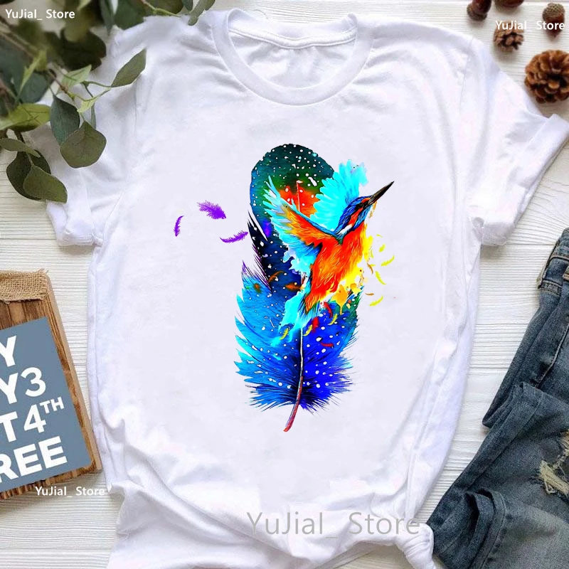 Aquarel Vogel En Feather Print T Shirt Vrouwen Kleding Zomer Mode Tops Tee Shirt Femme Esthetische Art T-shirt Vrouwelijke