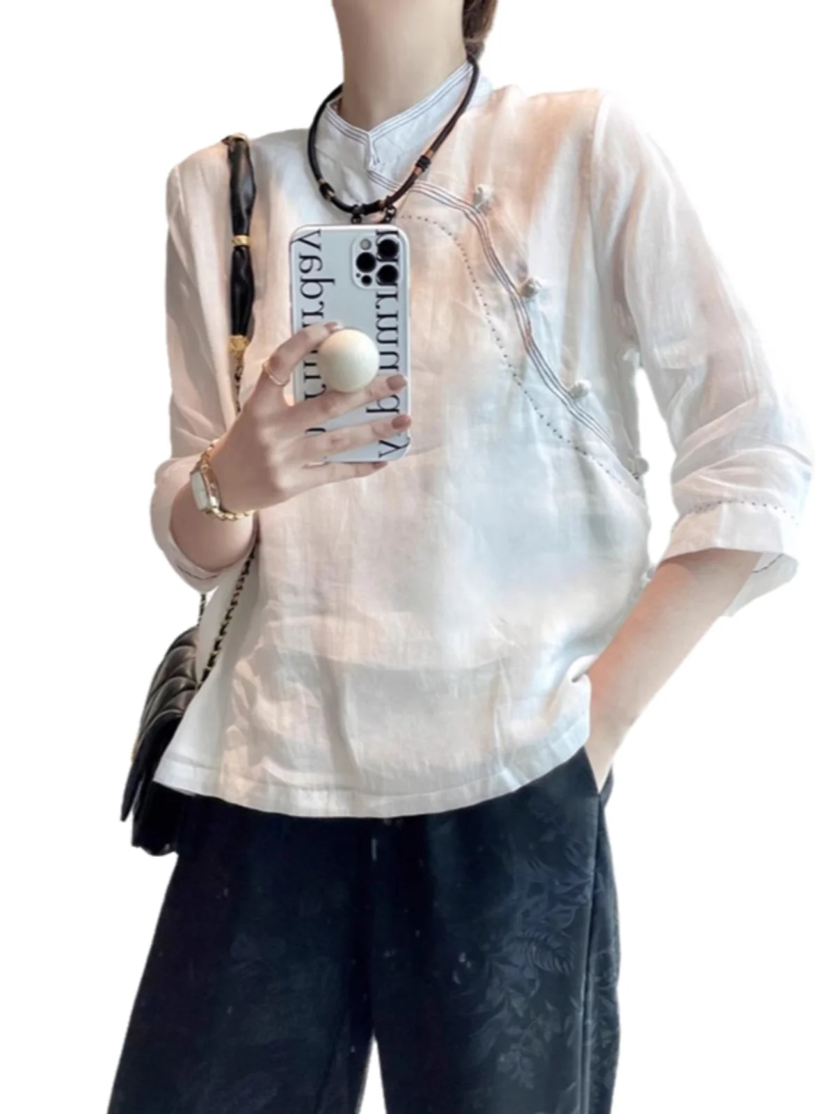 新しい中国風スレ綿麻服女性初秋レトロ仏教禅茶服スモール服麻トップスボタンアップ