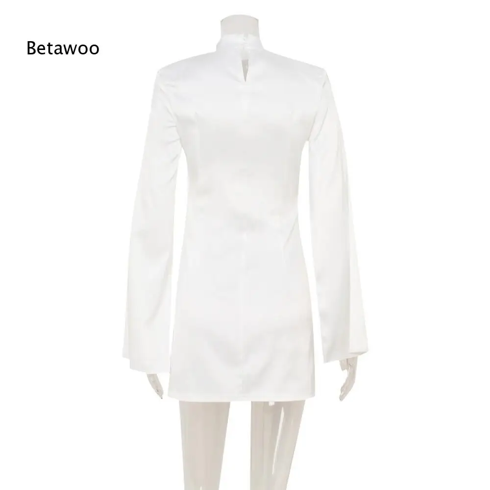 Mock Neck Silky Satin Short Dress Long Bell Sleeve Front Ruched String Split Hem Slim Bodycon Casual Dress