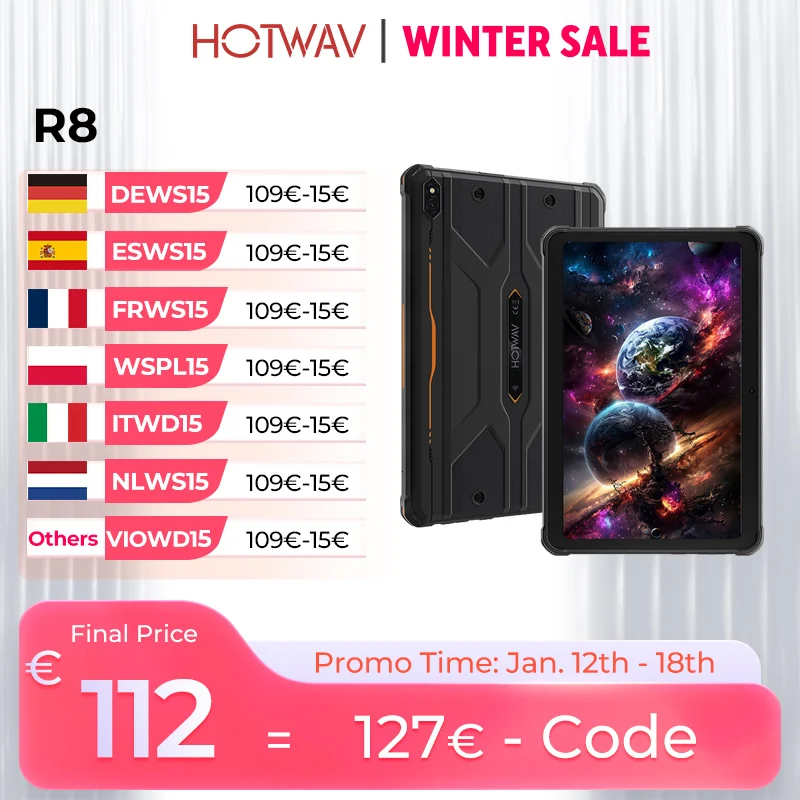 HOTWAV R8 tablette robuste 10.1 ''HD + affichage 10800mAh batterie massive Pad Android 14 OS octa-core 4GB 128GB tablette PC mondiale