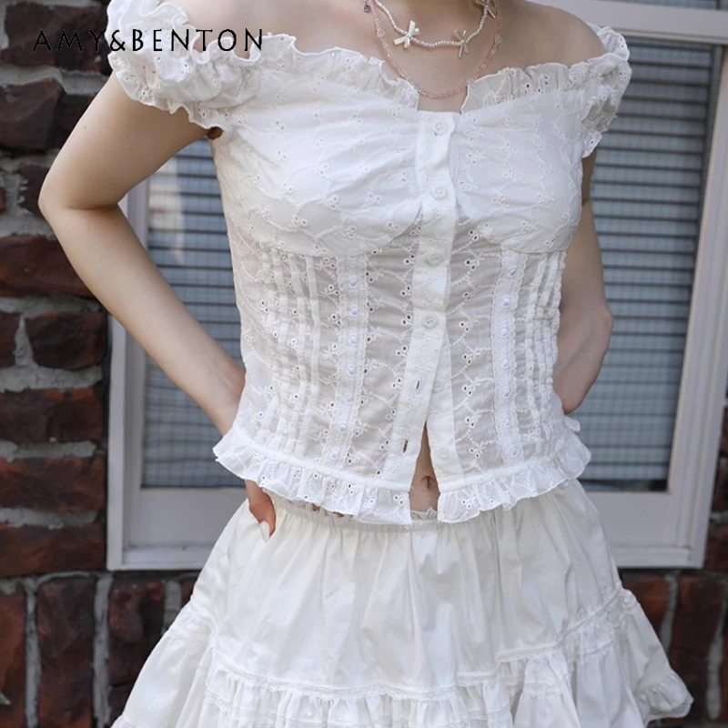 

Korean 2025 Summer New White Off-Shoulder Women's Top Original Design Lace Hollow Out Splicing Trim Umbrella Skirt Set Ladies