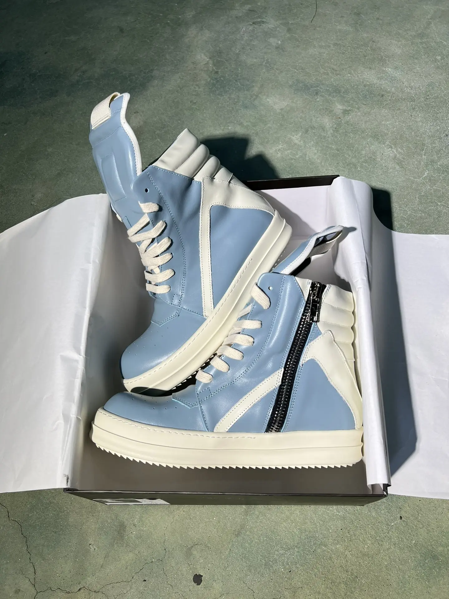 Ricks Genious LightBlue Leather High Top Geobasket Owens Quality Men Shoe Zipper Women Sneaker Casual Owens Design boots & Shoes